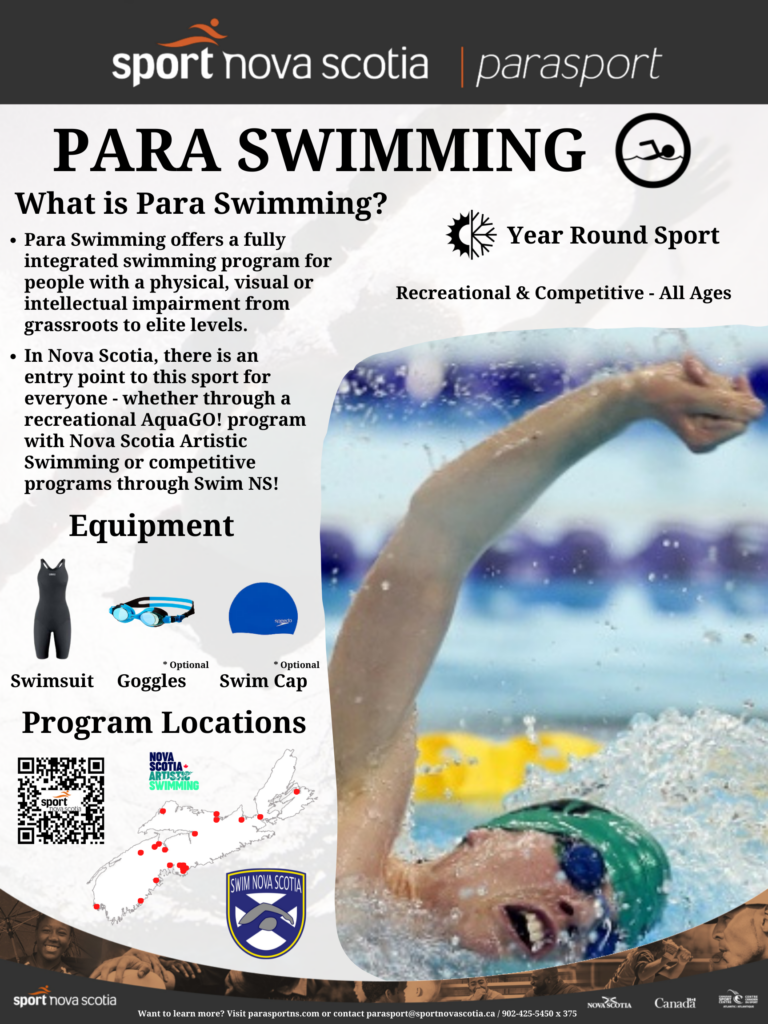 Para Swimming is a sport that can be played year round and has both recreational and competitive opportunities. Para Swimming offers a fully integrated swimming program for people with a physical, visual or intellectual impairment from grassroots to elite levels. In Nova Scotia, there is an entry point to this sport for everyone - whether through a recreational AquaGO! program with Nova Scotia Artistic Swimming or competitive programs through Swim NS!